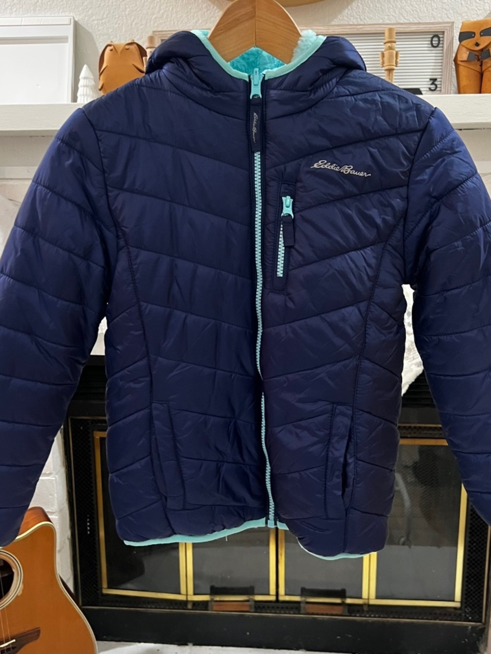 NEW Eddie Bauer Youth Deer Harbor Reversible Puffer Sherpa Jacket Blue Turquoise